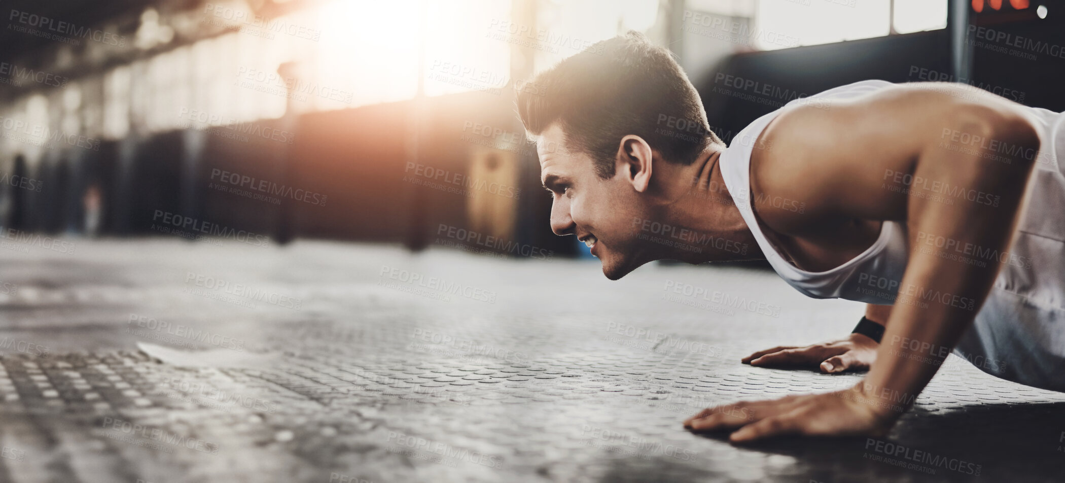 Buy stock photo Fitness, floor and man with push ups in gym for power workout, endurance exercise or strength challenge. Wellness, athlete and person lifting body weight for muscle gain, training or performance 