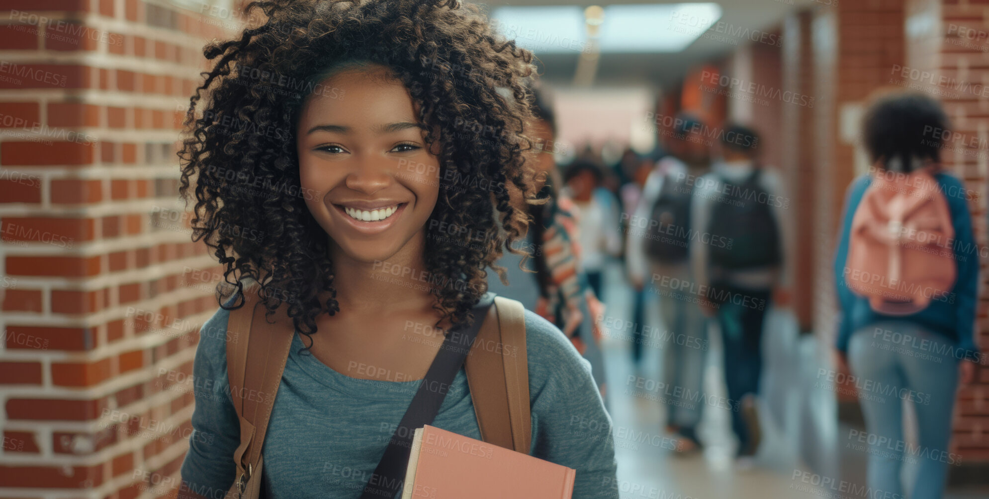 Buy stock photo Girl, student and smile in school corridor, learning institute and children or walking for education class. Black child, backpack and confident or textbook, happy and goal for development or growth