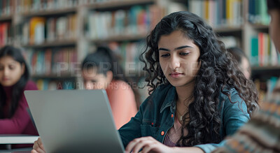 Buy stock photo Laptop, typing and woman student in library studying for university exam, assignment or test. Reading, technology and female person working on college project with computer in classroom at campus.