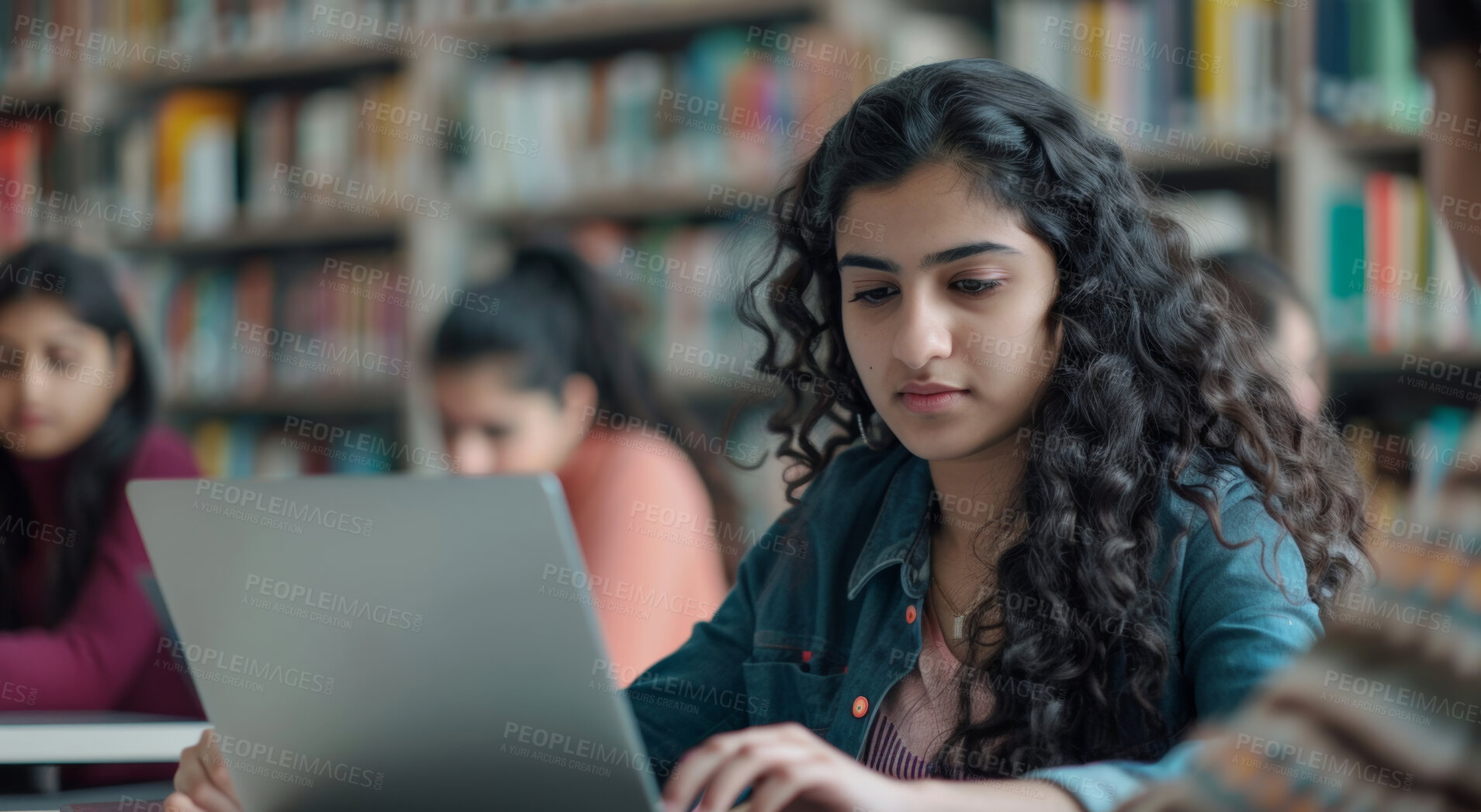 Buy stock photo Laptop, typing and woman student in library studying for university exam, assignment or test. Reading, technology and female person working on college project with computer in classroom at campus.