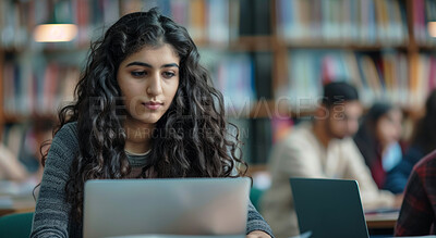 Buy stock photo Laptop, reading and woman in college library studying for exam, assignment or test online. Education, technology and female student working on university project with computer in classroom at campus.