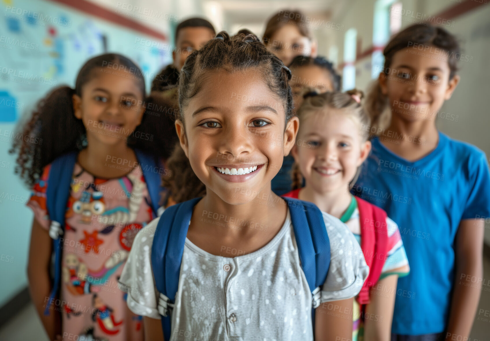 Buy stock photo Children, friends and portrait in school hallway with backpack for morning class, diversity or education. Kids, face and smile at youth campus in corridor with child development, student or together