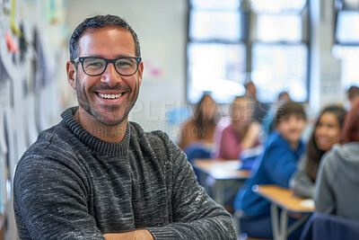 Buy stock photo Teacher portrait and man in class at high school for physics, education or teaching students. Happy, person and learning science and study chemistry in classroom for development or growth with mentor