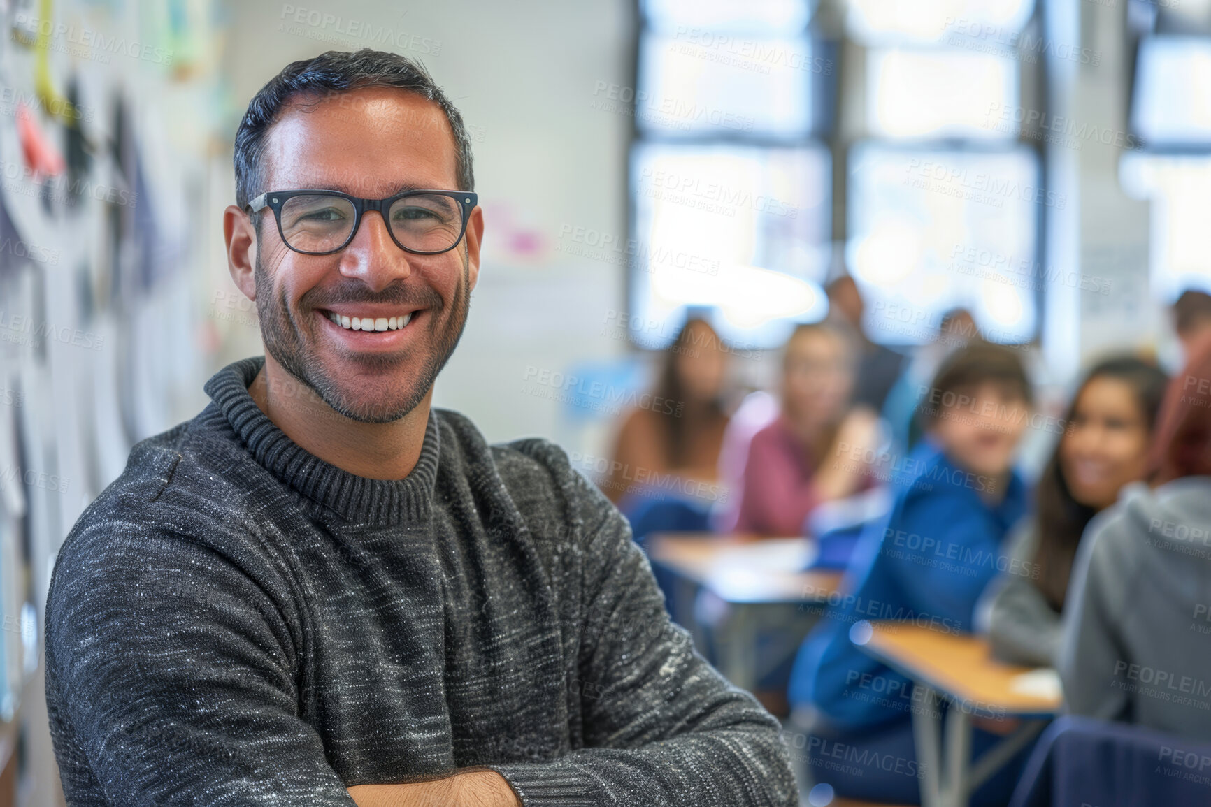 Buy stock photo Teacher portrait and man in class at high school for physics, education or teaching students. Happy, person and learning science and study chemistry in classroom for development or growth with mentor