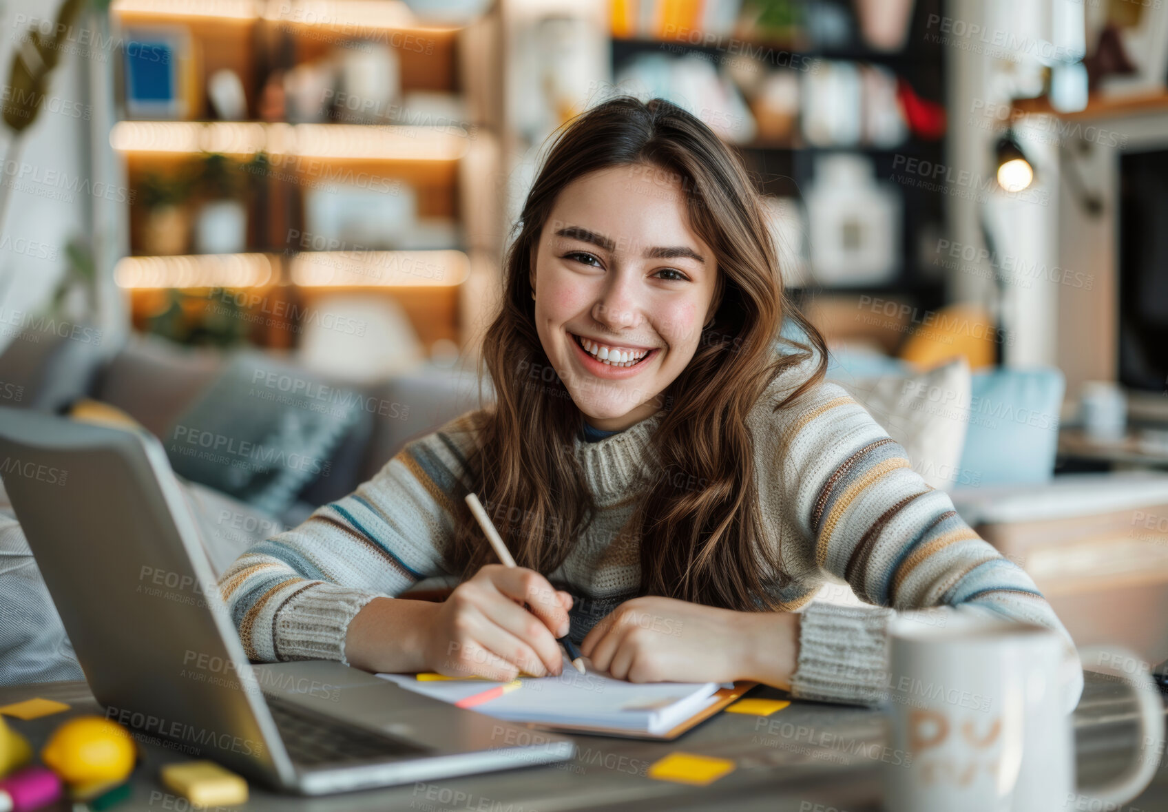 Buy stock photo Laptop, notes and portrait of woman writing in library studying for university exam, assignment or test. Smile, technology and student working on college project with computer in classroom at campus.