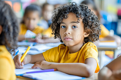 Buy stock photo Boy, portrait and writing in classroom with book for education, learning or knowledge at kindergarten or school. Young child or kid with notebook for childhood development, activity or class lesson