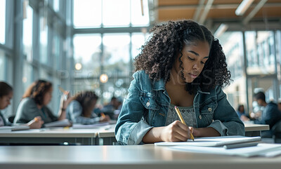 Buy stock photo Black girl, student and writing notes in high school for education, learning or knowledge. Teenager, book and creative kid with test in classroom assessment, study or exam in lesson for development