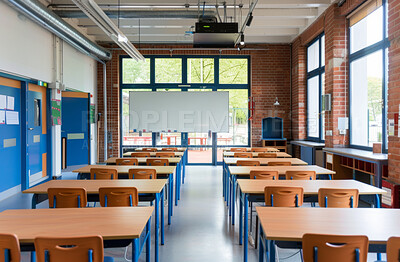 Buy stock photo Empty, classroom and desk for student education with whiteboard for learning, scholarship or back to school. Furniture, chairs and academy campus for youth future or lesson, university or studying