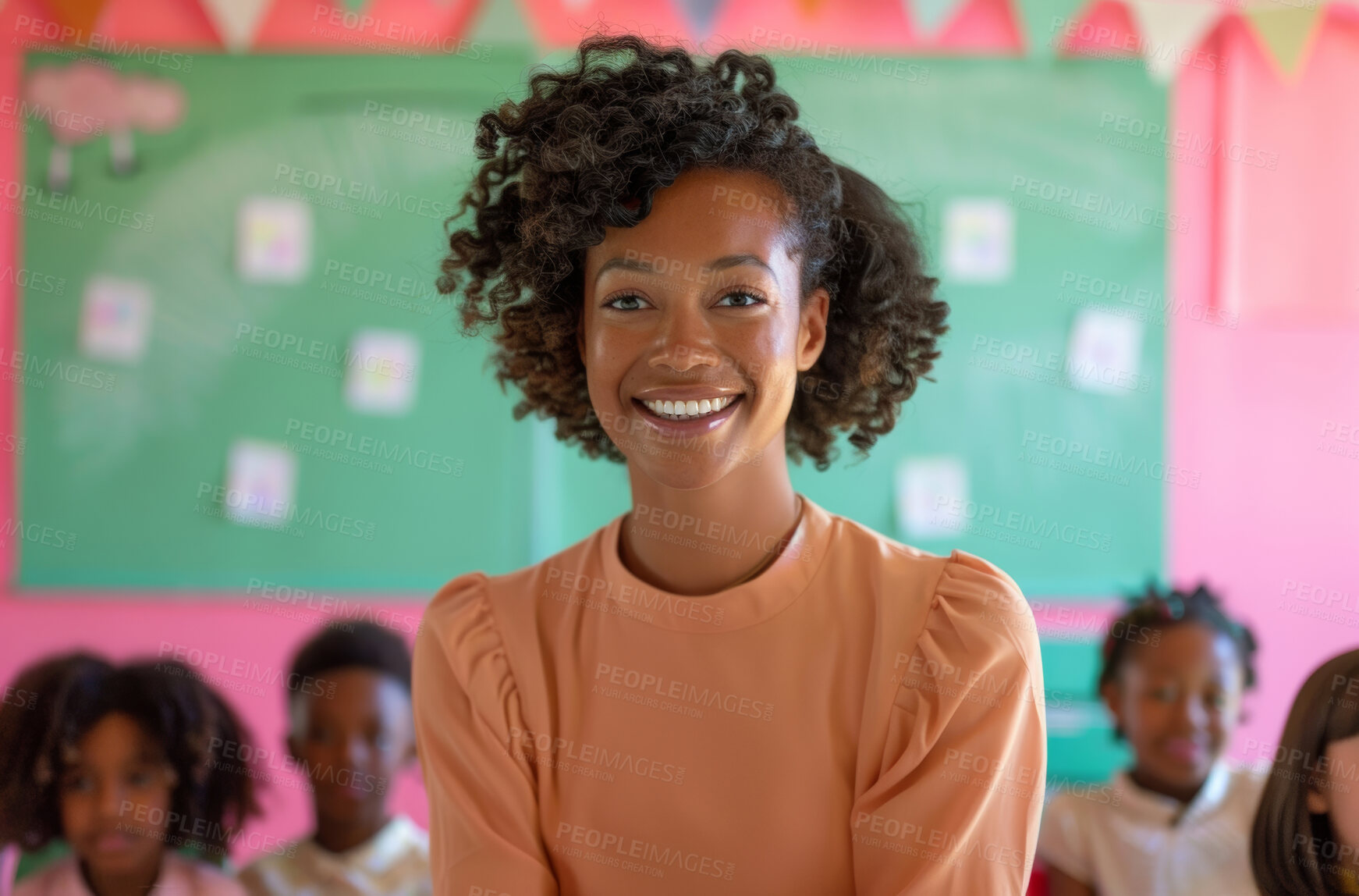 Buy stock photo Students, school and portrait of teacher with smile for teaching, lesson and child development. Children, black woman and happy with pride in class for leadership, support and career in education