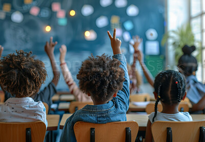 Buy stock photo Hand, question and students in classroom, learning and feedback in school for knowledge or answer. Children, lesson and elementary education for solution, info and gesture to ask for mind development