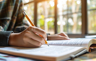 Buy stock photo Student, hand and writing in book or education lesson for back to school studying, stationery or learning. Person, pencil and university for scholarship assessment or project, notes or brainstorming