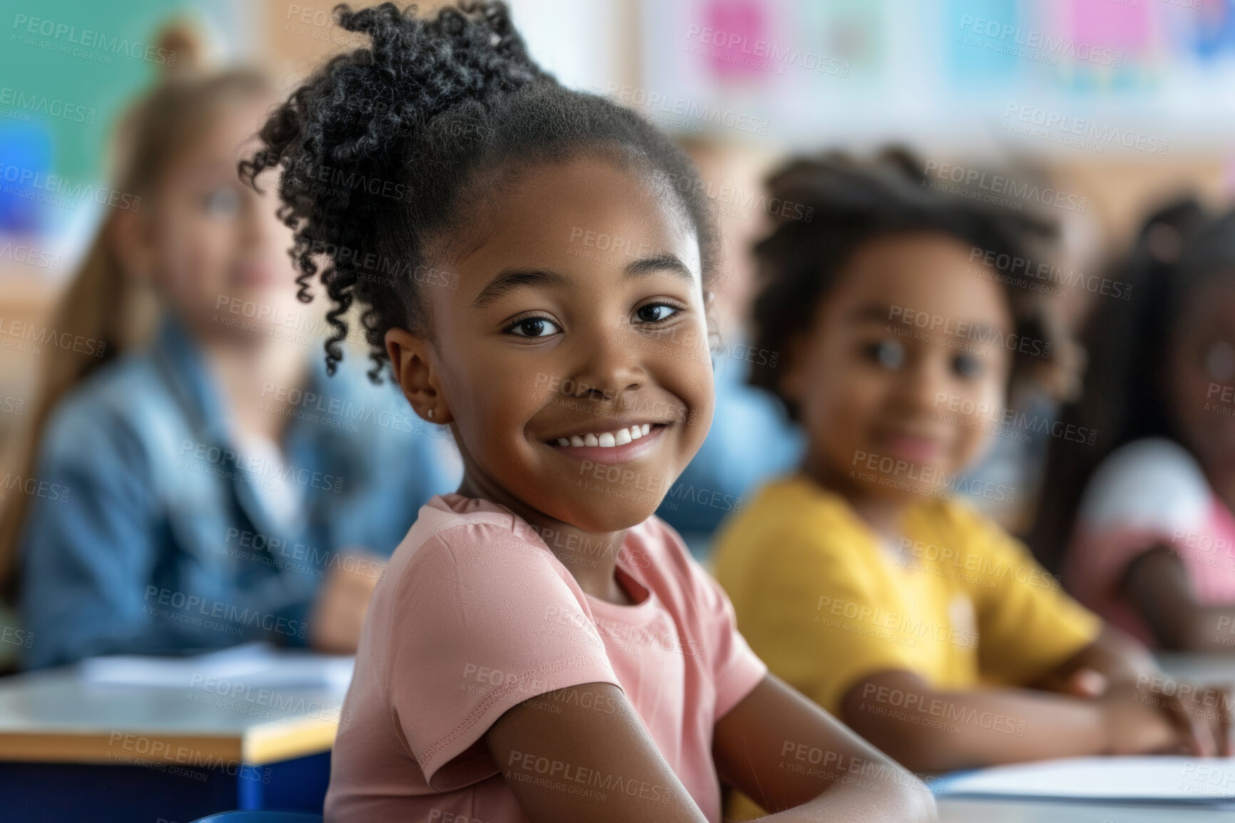 Buy stock photo Portrait, black girl and classroom for education in school, learn and student on campus. Face, smile or academic or knowledge for happy young child in academy, study and childhood development at desk