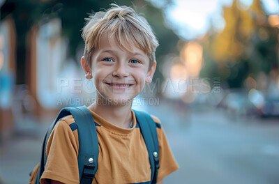 Buy stock photo Boy, child and portrait with backpack for school, education and learn for student travel to campus. Outdoor, smile and academic or studying for childhood development, morning and commute to classroom