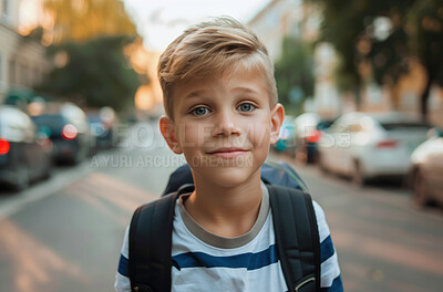 Buy stock photo School, children and portrait with boy learner outdoor on street for education or learning. Backpack, face and student with happy young kid as pupil at academy for child development or scholarship