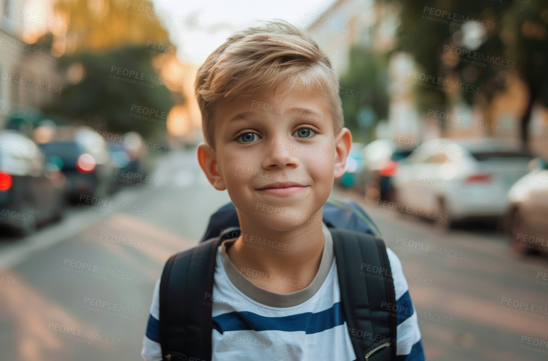 Buy stock photo School, children and portrait with boy learner outdoor on street for education or learning. Backpack, face and student with happy young kid as pupil at academy for child development or scholarship