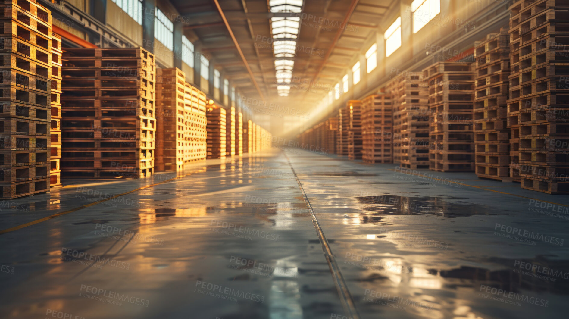 Buy stock photo Warehouse, pallet and storage with logistics, stack and wholesale distribution for supplier. Industry, shipment and freight for cargo, transportation and stock delivery with lumber storehouse