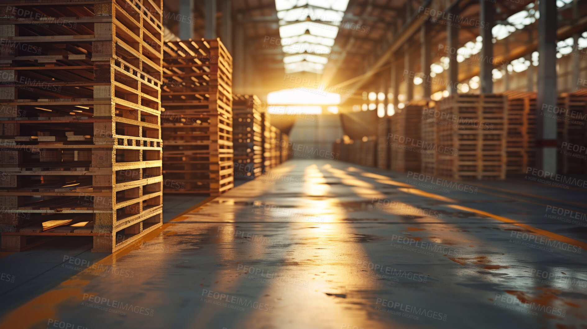 Buy stock photo Warehouse, pallet and storage with logistics, stack and wholesale distribution for supplier. Facility, shipment and freight for cargo, transportation and stock delivery with lumber storehouse