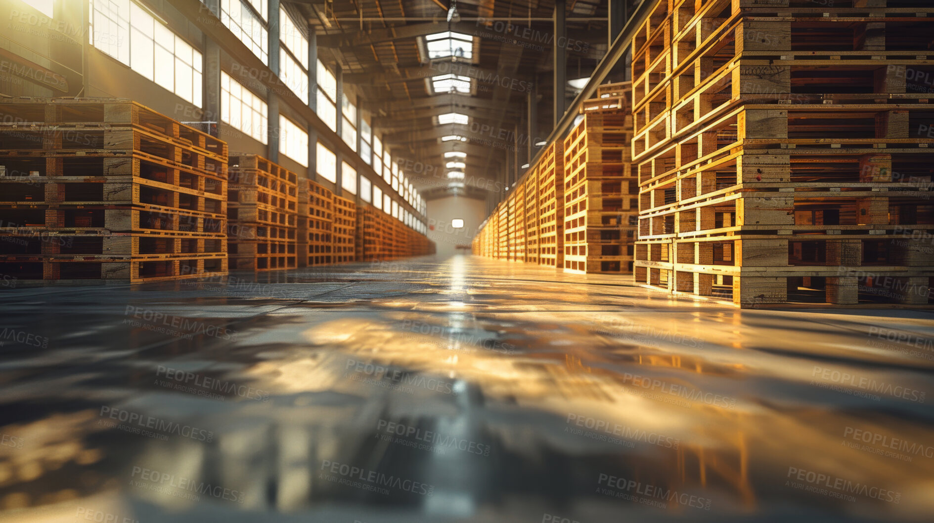 Buy stock photo Warehouse, pallet and freight with distribution, stack and wholesale logistics for supplier. Facility, shipment and storage for cargo, transportation and stock delivery with lumber storehouse