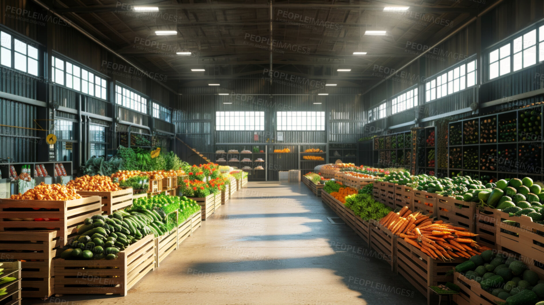 Buy stock photo Warehouse, vegetable and produce for grocery, sale and wholesale retail for shopping. Market, store and logistics for consumer, choice and agriculture bulk for supply chain distribution and deal