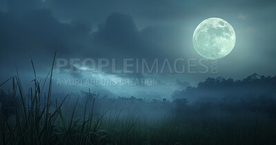 Buy stock photo Forest, grass and landscape of nature, moon and shine with glow in night, sky and meadow in Switzerland. Outdoor, travel, adventure and journey for tourism, trekking and camping for vacation or trip