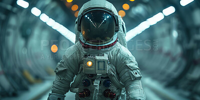 Buy stock photo Astronaut, helmet and walk in rocket tunnel for launch, moon journey and mission for science research. Person, spacesuit and corridor of shuttle station for adventure, protection and travel to planet