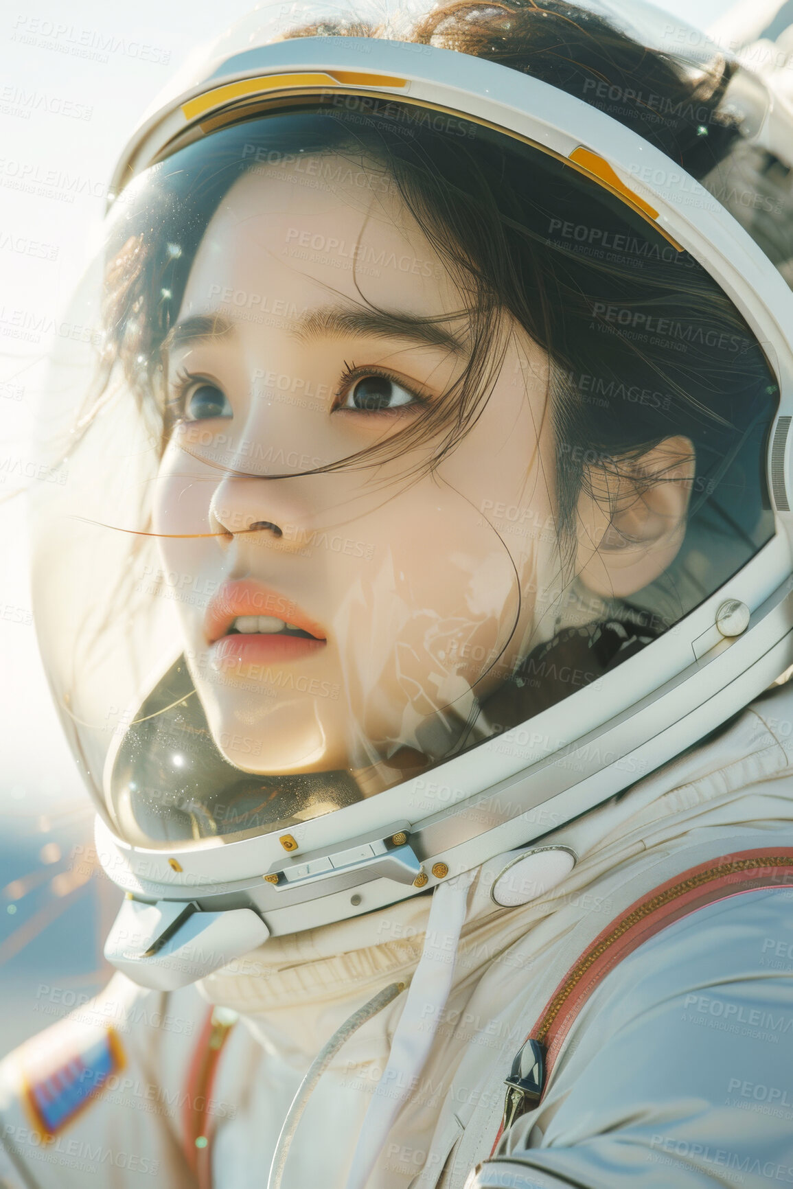 Buy stock photo Astronaut, helmet and asian woman in space for mission, galaxy exploration or cosmos research. Nebula, Spacesuit and taikonaut person for aerospace, planet discovery or universe colonization