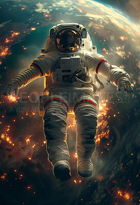 Buy stock photo Planet, earth and astronaut with floating in outer space for exploration, discovery or sci fi universe. Futuristic, galaxy and person with helmet in suit for research, adventure and aerospace mission