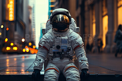 Buy stock photo Astronaut, suit and urban travel in city at night with bokeh lights for globe discovery, mission or futuristic. Person, helmet and oxygen or planet lost in dystopia world, research or exploration