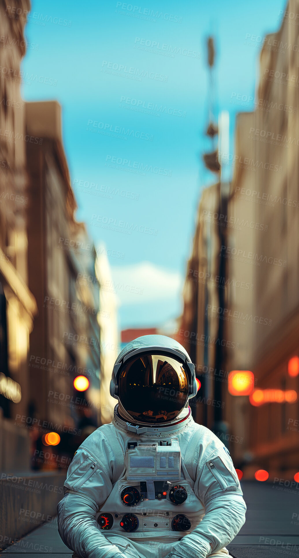 Buy stock photo Suit, helmet and astronaut with travel in city for exploration, discovery and mission in space. Futuristic, planet and person with journey by buildings for sci fi adventure, universe and research