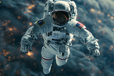 Buy stock photo Planet, solar system and universe with astronaut in space for discovery, exploration of cosmos or mission. Galaxy, stars or sky with spaceman in helmet and suit for research, science or travel