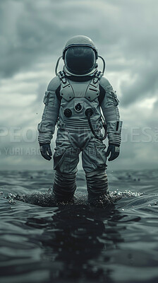 Buy stock photo Astronaut, helmet and water with walk in space for travel to planet, mission for research and moon journey to explore. Person, spacesuit and protection for adventure in lake with safety and gravity