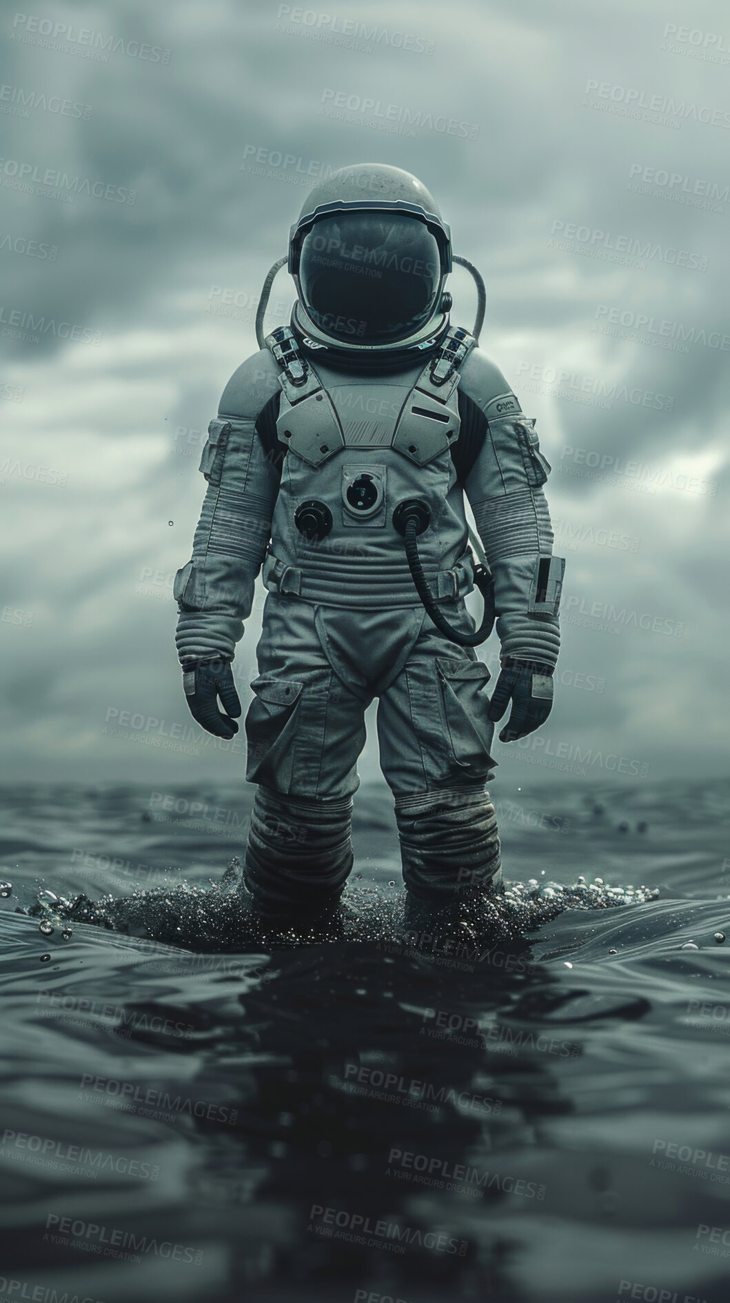 Buy stock photo Astronaut, helmet and water with walk in space for travel to planet, mission for research and moon journey to explore. Person, spacesuit and protection for adventure in lake with safety and gravity