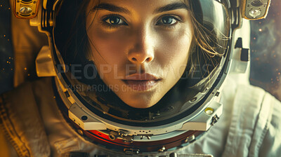 Buy stock photo Space, travel and portrait of astronaut woman with helmet, future discovery and sci fi universe. Planet, aerospace mission and face of person in suit for adventure, research or science in dark galaxy