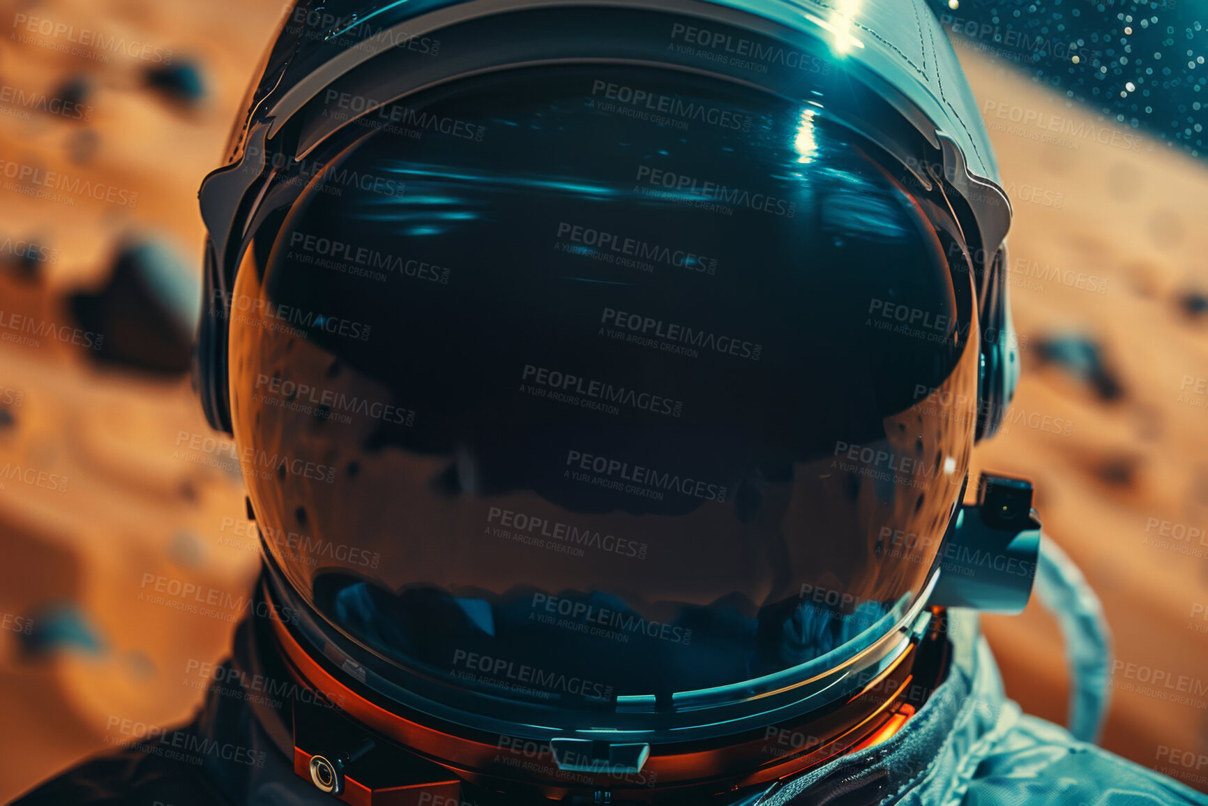 Buy stock photo Helmet, suit and universe with astronaut on plant for exploration, future or science research. Galaxy, mission and space travel with cosmonaut person in atmosphere spacesuit for discovery of expanse