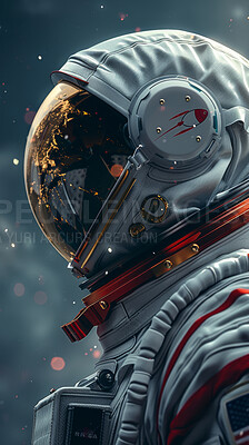 Buy stock photo Astronaut, closeup and spacesuit for solar system, universe and colonization or settlement of planet. Person, galaxy and reentry from international space mission or station with technology innovation