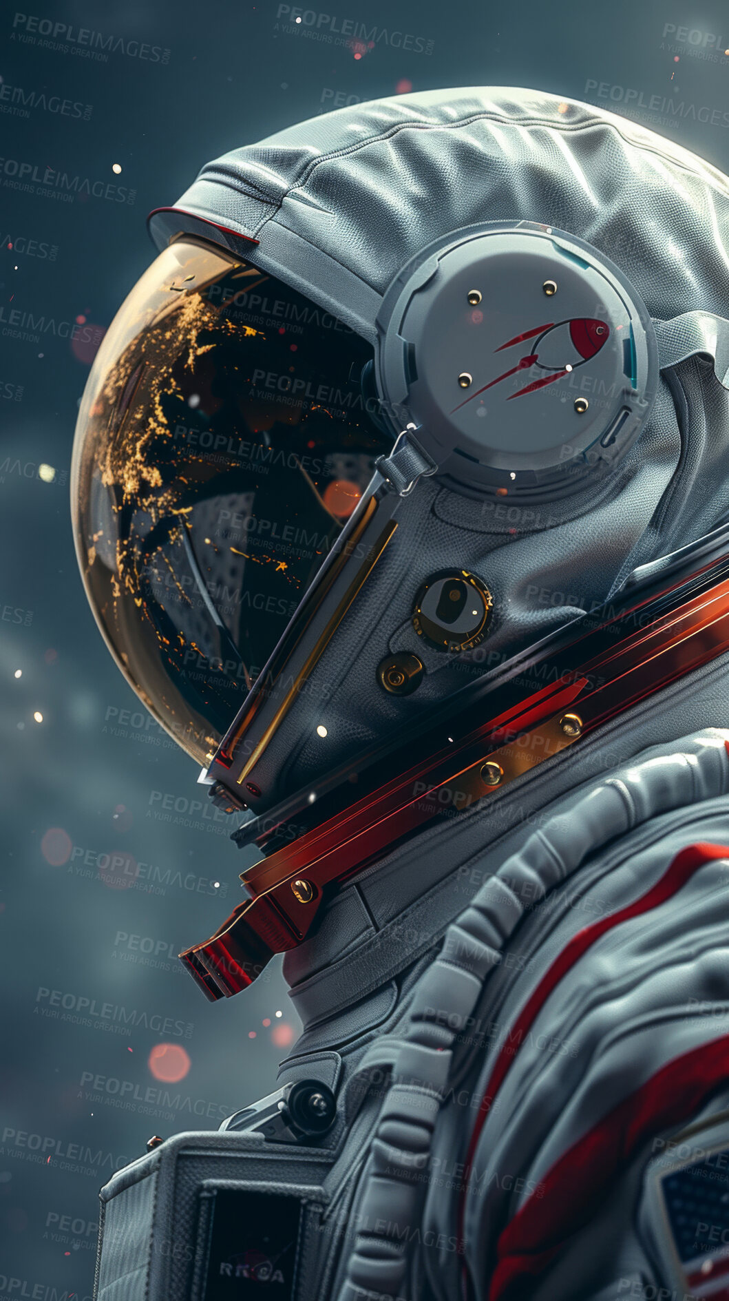 Buy stock photo Astronaut, closeup and spacesuit for solar system, universe and colonization or settlement of planet. Person, galaxy and reentry from international space mission or station with technology innovation