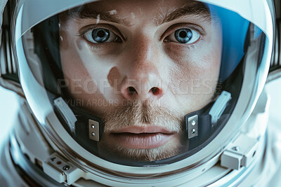 Buy stock photo Astronaut, space and helmet in portrait with mission for explore in universe with unknown, future and cosmos. Spacesuit, adventure and Mars race with galaxy, orbit and constellation for science.