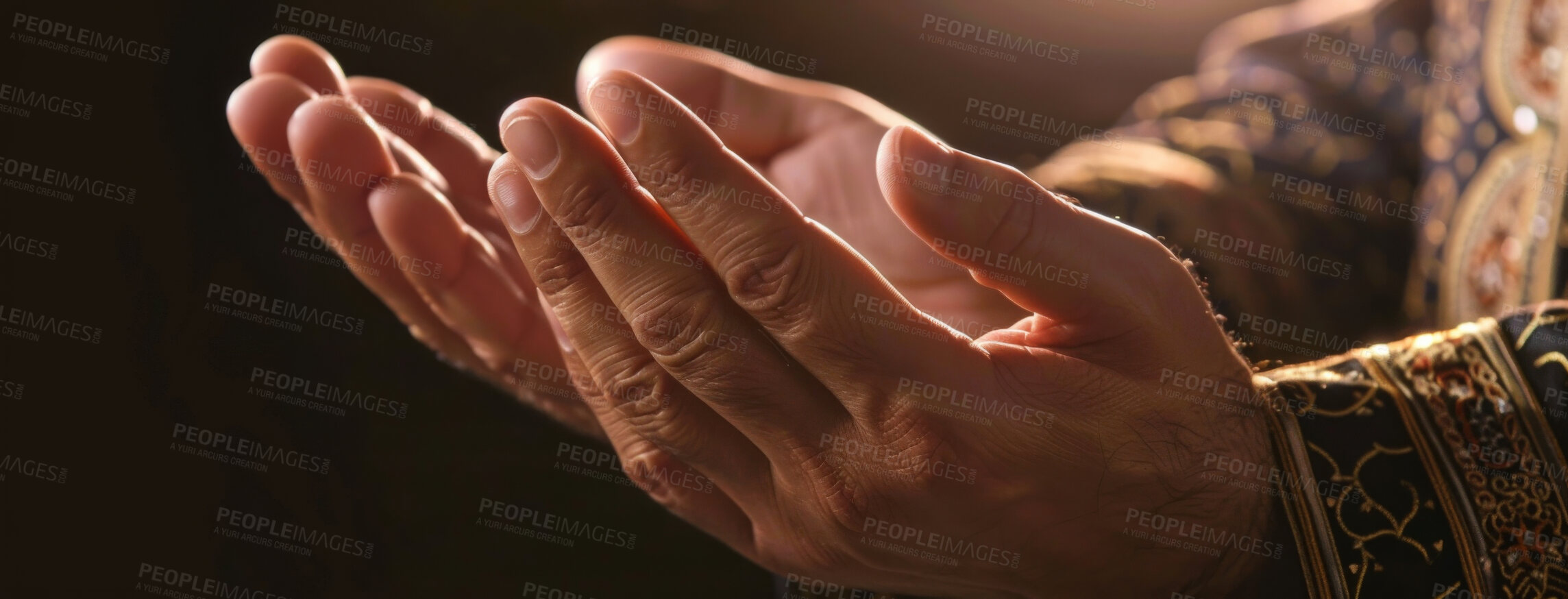 Buy stock photo Belief, prayer and hands of Muslim person closeup for faith or religion in Allah as holy worship. Culture, banner and trust with Islamic follower praying at mosque for hope, peace or support