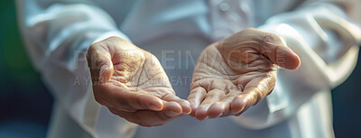 Buy stock photo Faith, prayer and hands of Muslim person closeup for belief or religion in Allah as holy worship. Culture, tradition and palm with Islamic follower praying at mosque for hope, peace or support