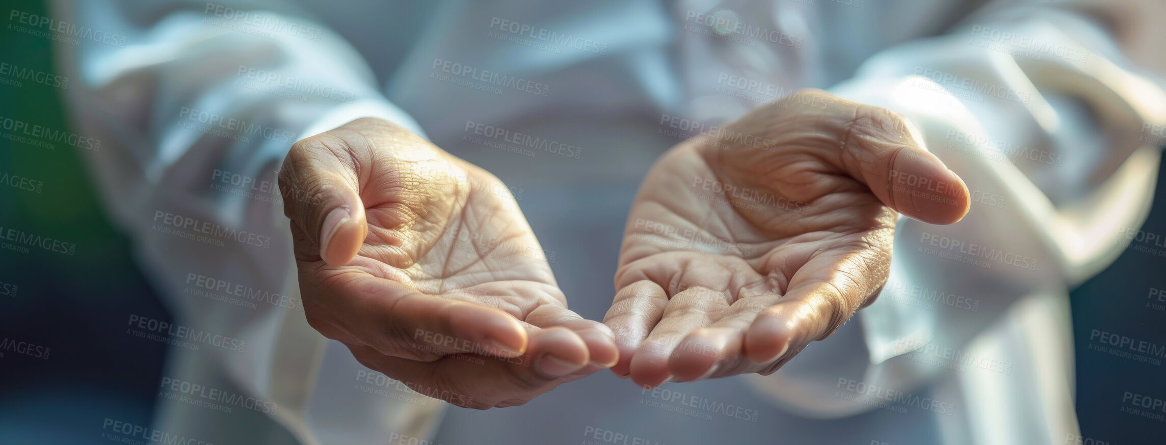 Buy stock photo Faith, prayer and hands of Muslim person closeup for belief or religion in Allah as holy worship. Culture, tradition and palm with Islamic follower praying at mosque for hope, peace or support