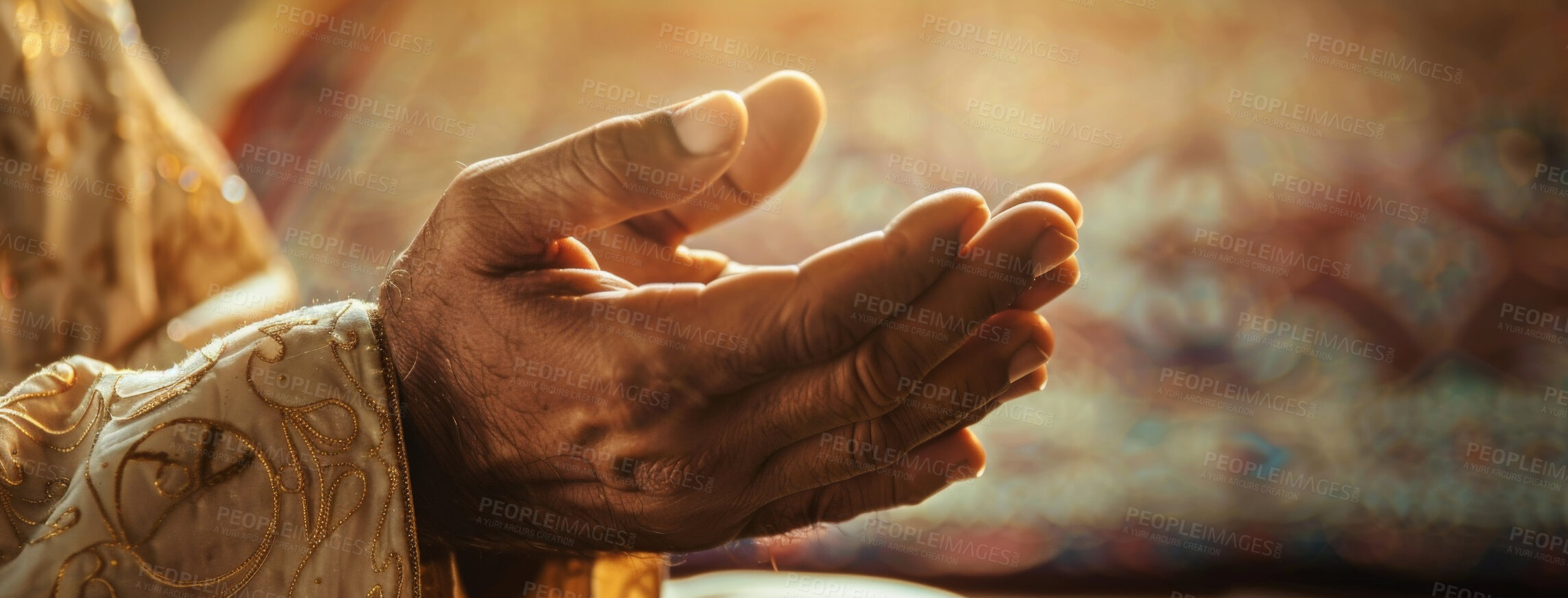 Buy stock photo Belief, praying and hands of Muslim person closeup for faith or religion in Allah as holy worship. Culture, tradition and trust with Islamic follower in prayer at mosque for hope, peace or support