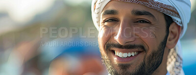 Buy stock photo Portrait, culture and muslim man in outdoor for happiness, appreciation or spiritual travel to Madinah. Banner, smile and Islamic person with turban for religion, faith or Arabic belief in nature