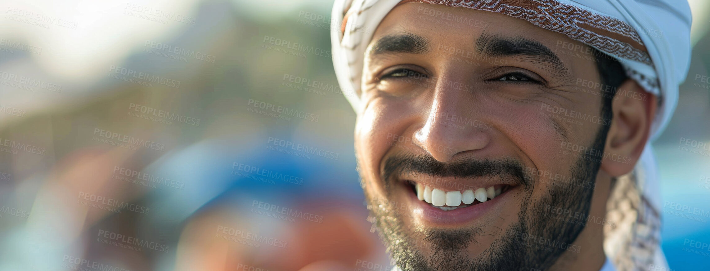 Buy stock photo Portrait, culture and muslim man in outdoor for happiness, appreciation or spiritual travel to Madinah. Banner, smile and Islamic person with turban for religion, faith or Arabic belief in nature