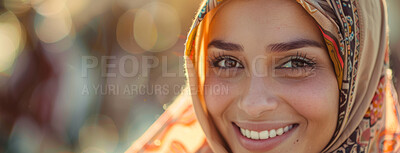 Buy stock photo Travel, happy and portrait of muslim woman with hijab for spiritual hope in Mecca for religion. Smile, banner and face of islamic female person with headscarf in town for weekend trip for tourist.