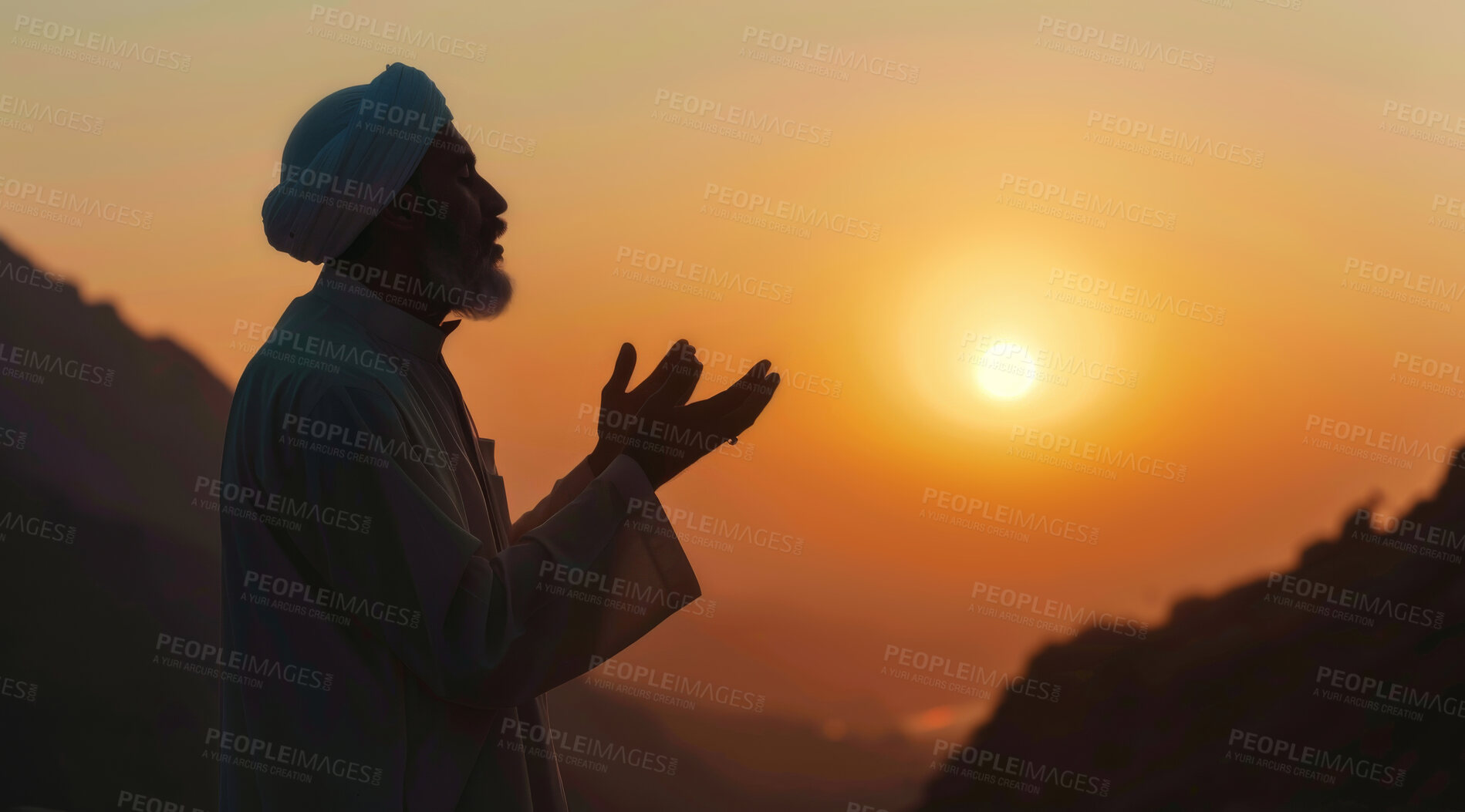 Buy stock photo Sunset, prayer and moslem man with dua for faith, mindfulness or gratitude during Hajj. Outdoor, Islamic and Arab person with turban for forgiveness, spiritual belief or worship to Allah in Makkah