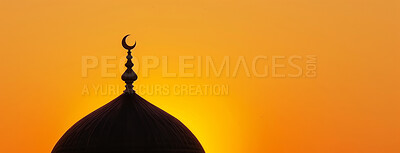 Buy stock photo Belief, faith and roof of mosque on orange sky at sunset with space for religion or tradition. Architecture, building and outdoor temple with art, ornament or moon symbol of holy Muslim culture