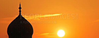 Buy stock photo Belief, religion and roof of mosque on orange sky at sunset with space for faith or tradition. Architecture, building and Muslim temple with silhouette art, ornament or symbol of holy Islamic culture