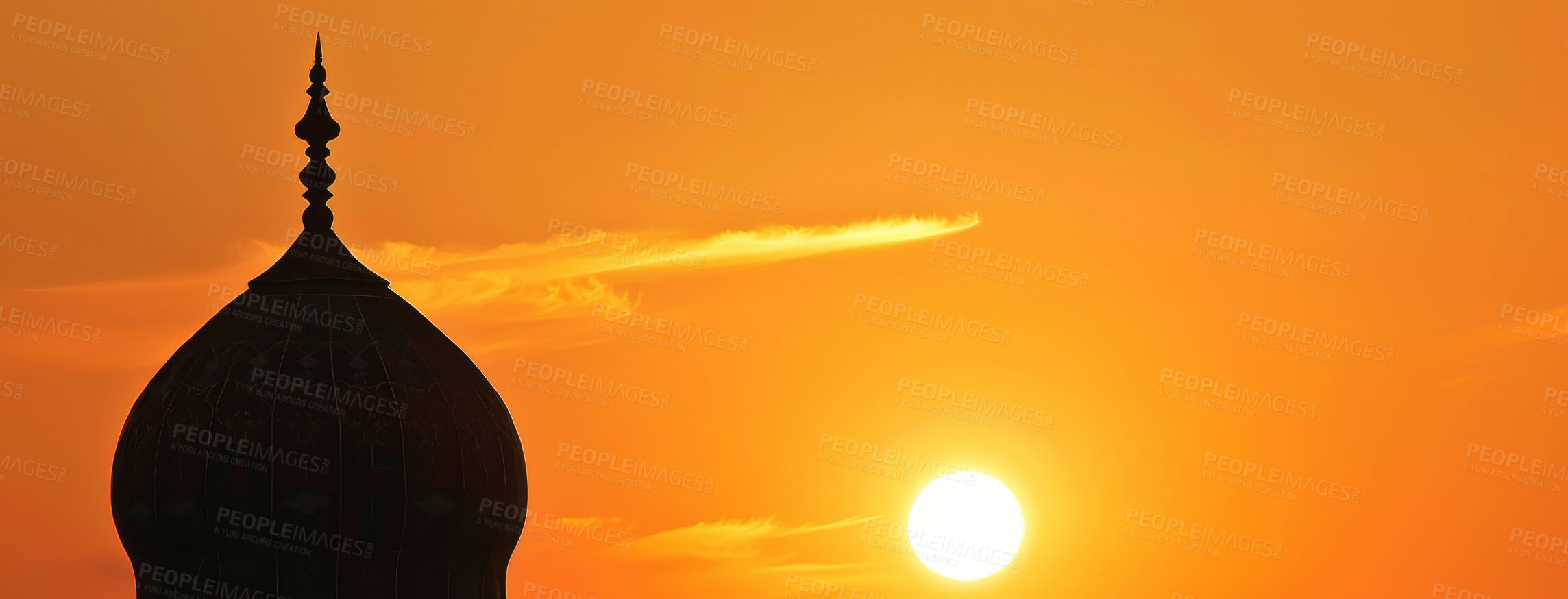 Buy stock photo Belief, religion and roof of mosque on orange sky at sunset with space for faith or tradition. Architecture, building and Muslim temple with silhouette art, ornament or symbol of holy Islamic culture