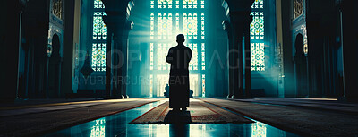 Buy stock photo Muslim, praying and silhouette of man in mosque with worship for religion, gratitude and peace in salah. Allah, person and light in masjid with trust for spiritual healing, dua and support in praise