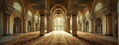 Buy stock photo Building, faith and interior of Islamic mosque for culture or tradition of holy prayer or worship. Architecture, belief and faith with art or decoration in Muslim temple of Allah for humble praise